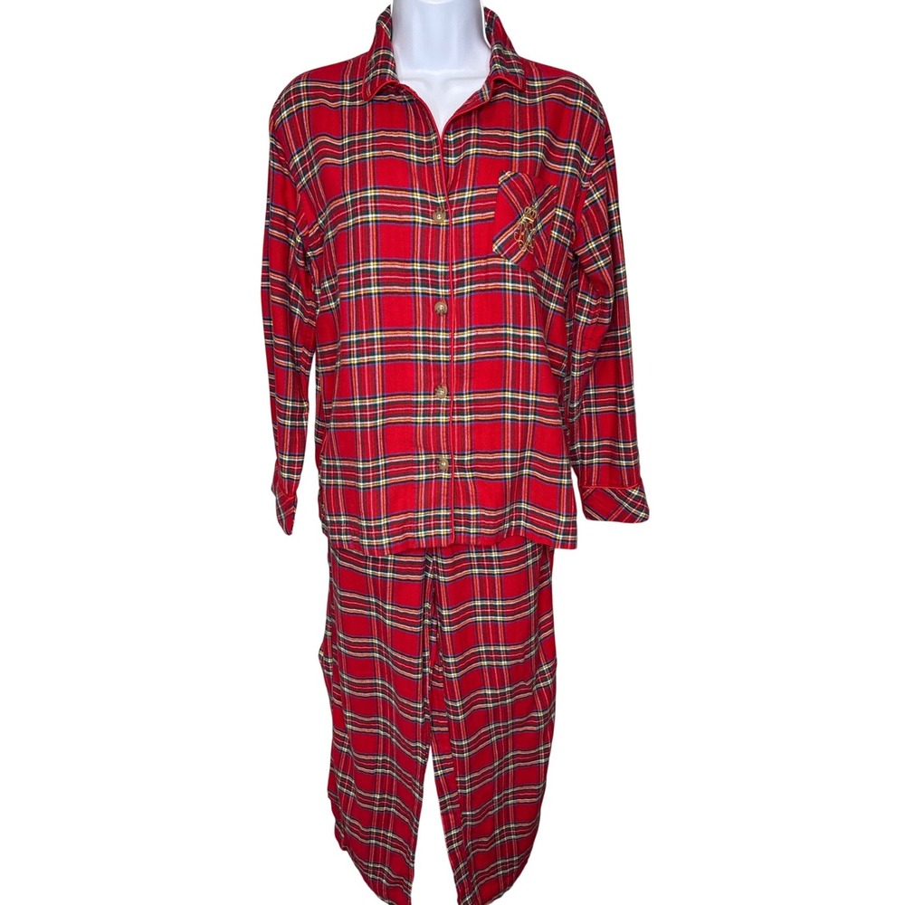 Lauren Ralph Lauren‎ Womens Red Plaid Pajama Set PS Heritage Crest Preppy Luxury